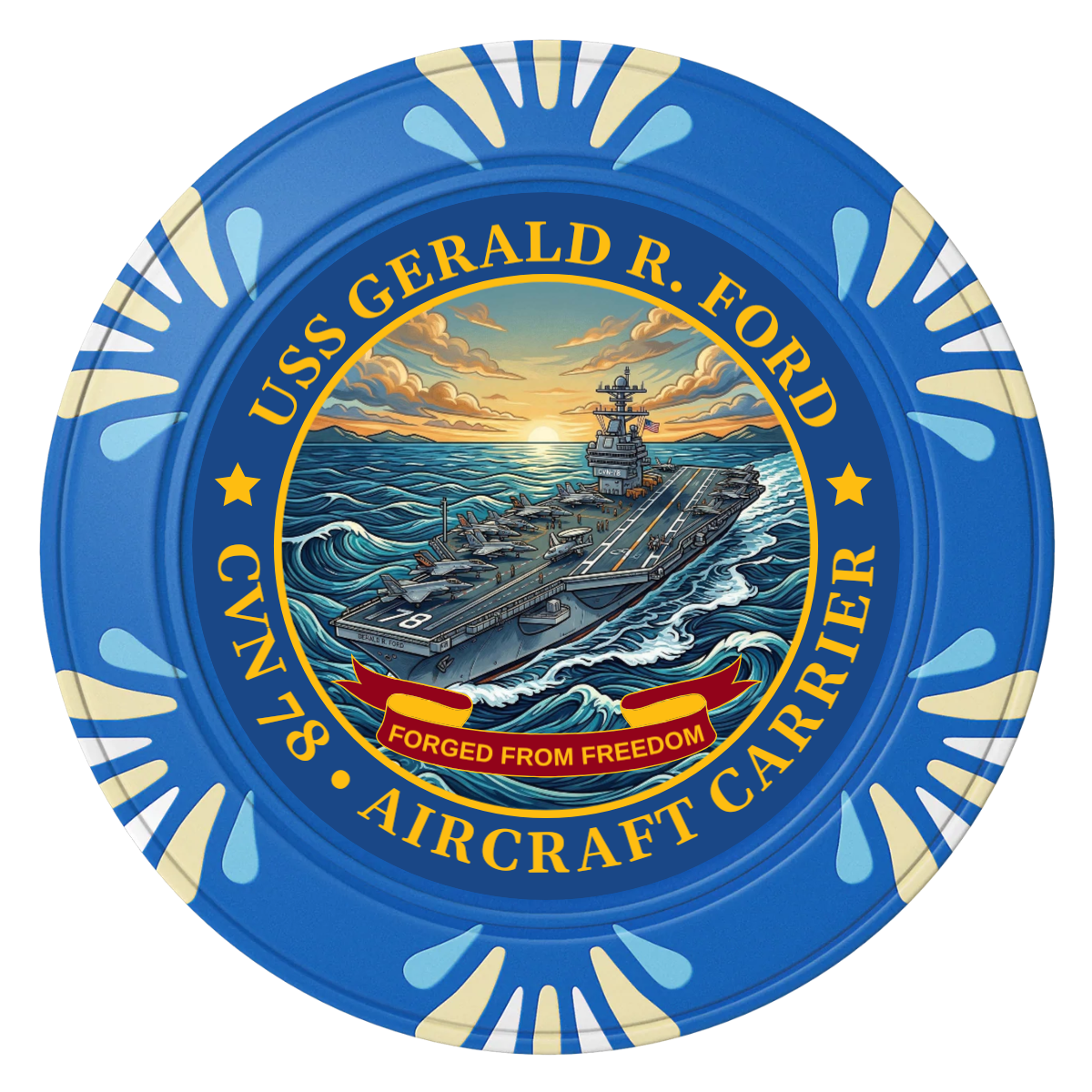 Navy USS Gerald Ford Clay Poker Chips - Blue / Macau / 40mm - Front