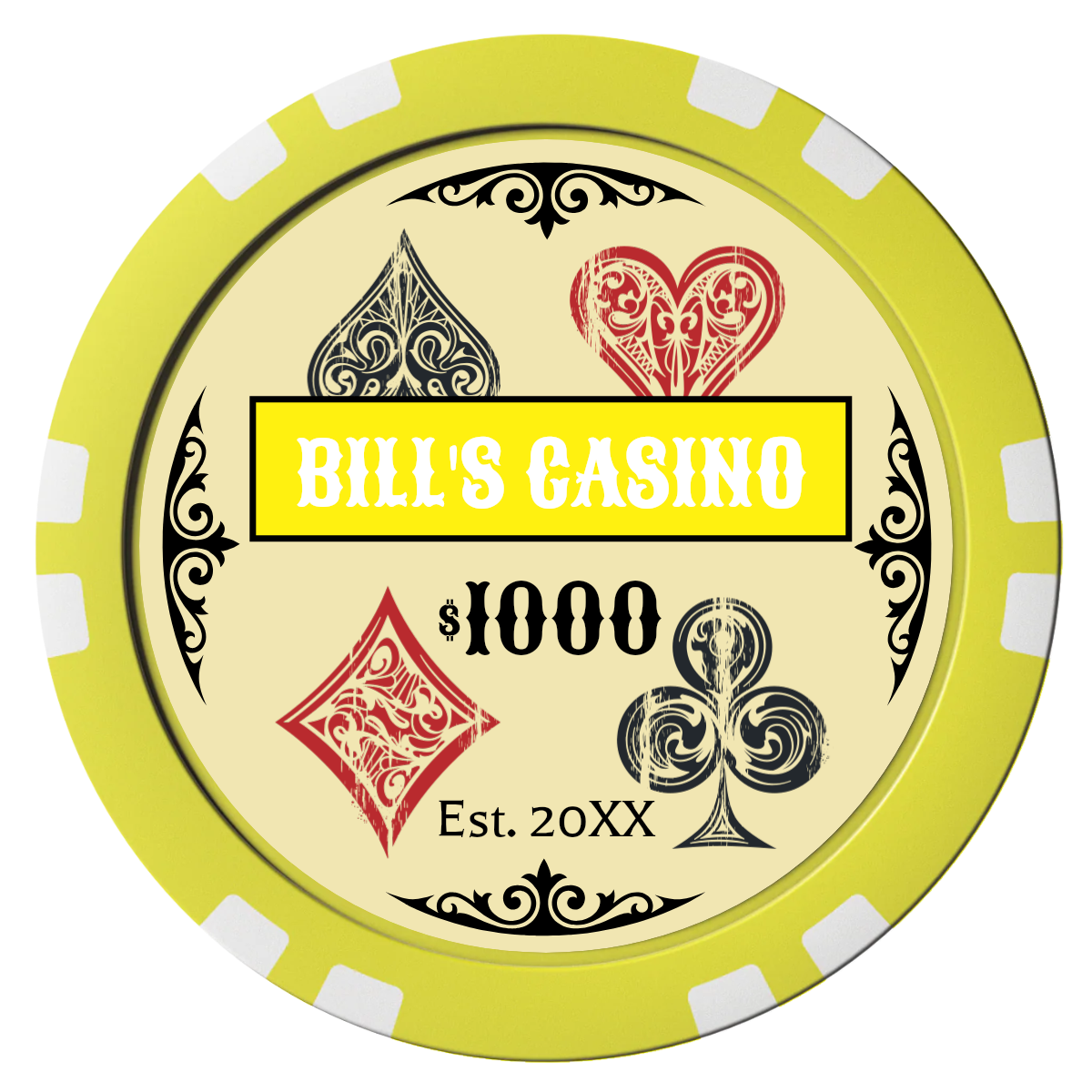 Vintage Four Suits Composite Poker Chips - Yellow / Double Stripe - Front