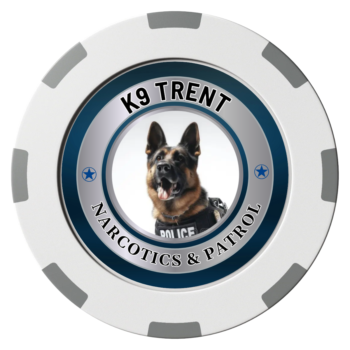K-9 Trent Clay Poker Chips - White / 8 Spot (2 Tone) / 40mm - Front