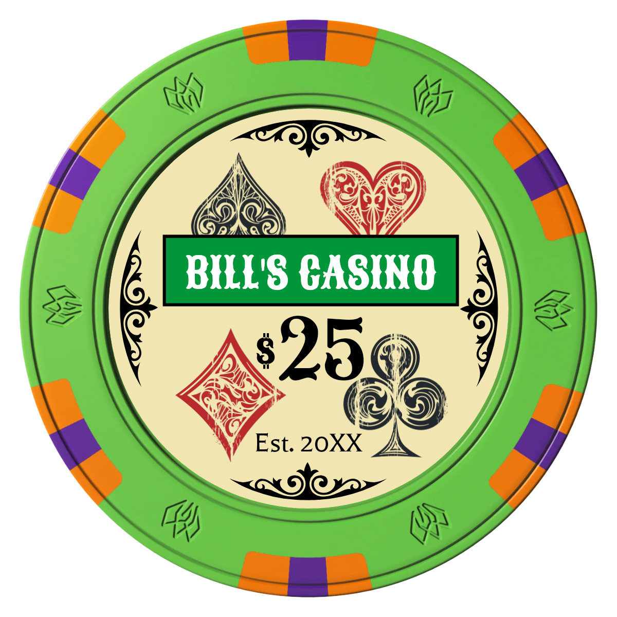 Vintage Four Suits Clay Poker Chips - Green / 6 Spot Gem / 43mm - Front