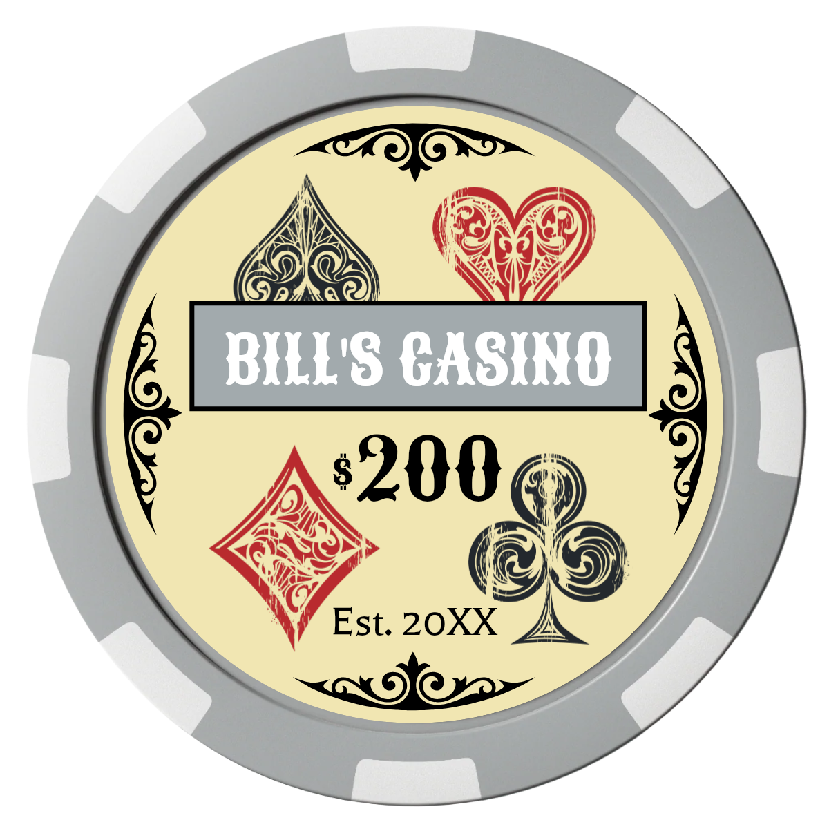 Vintage Four Suits Composite Poker Chips - Gray / 8 Spot - Front