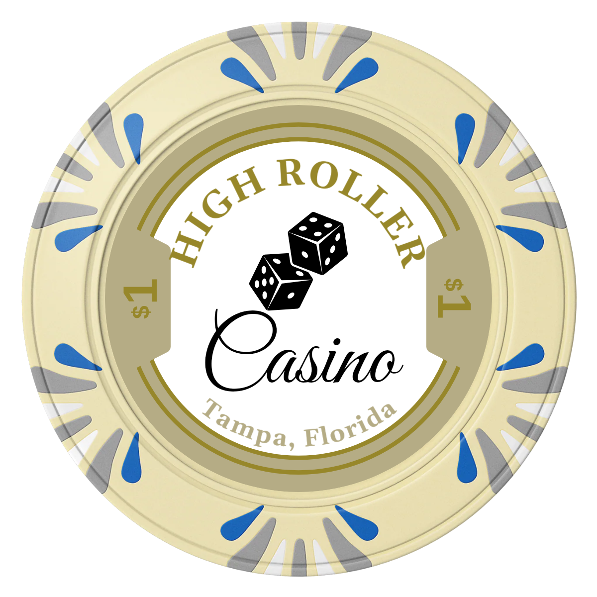 High Roller Casino Clay Poker Chips - Ivory / Macau / 40mm - Front