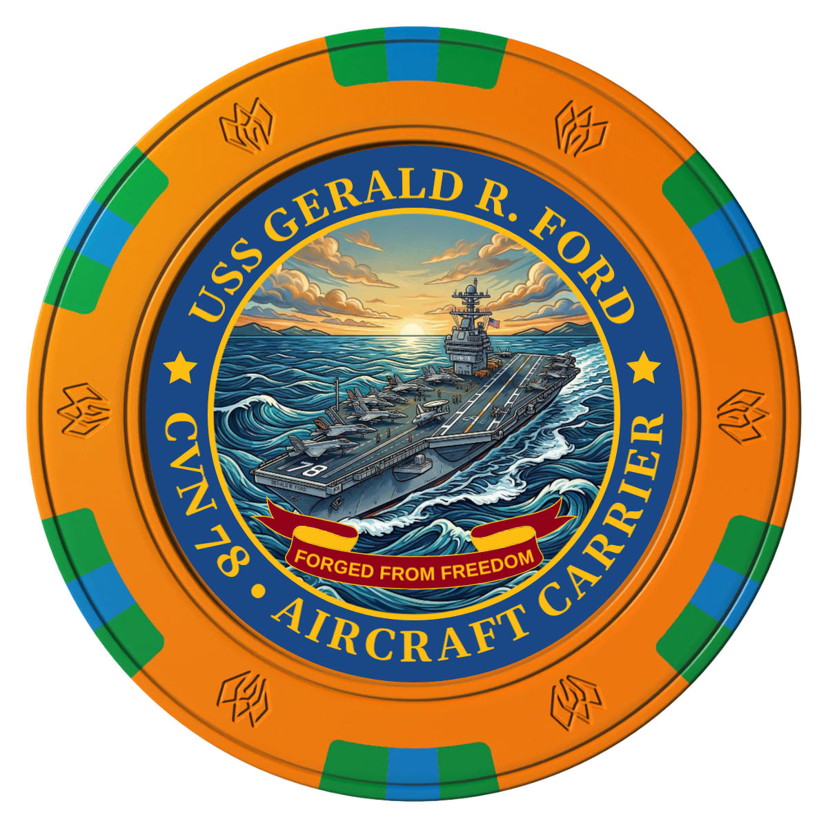 Navy USS Gerald Ford Clay Poker Chips - Orange / 6 Spot Gem / 40mm - Front