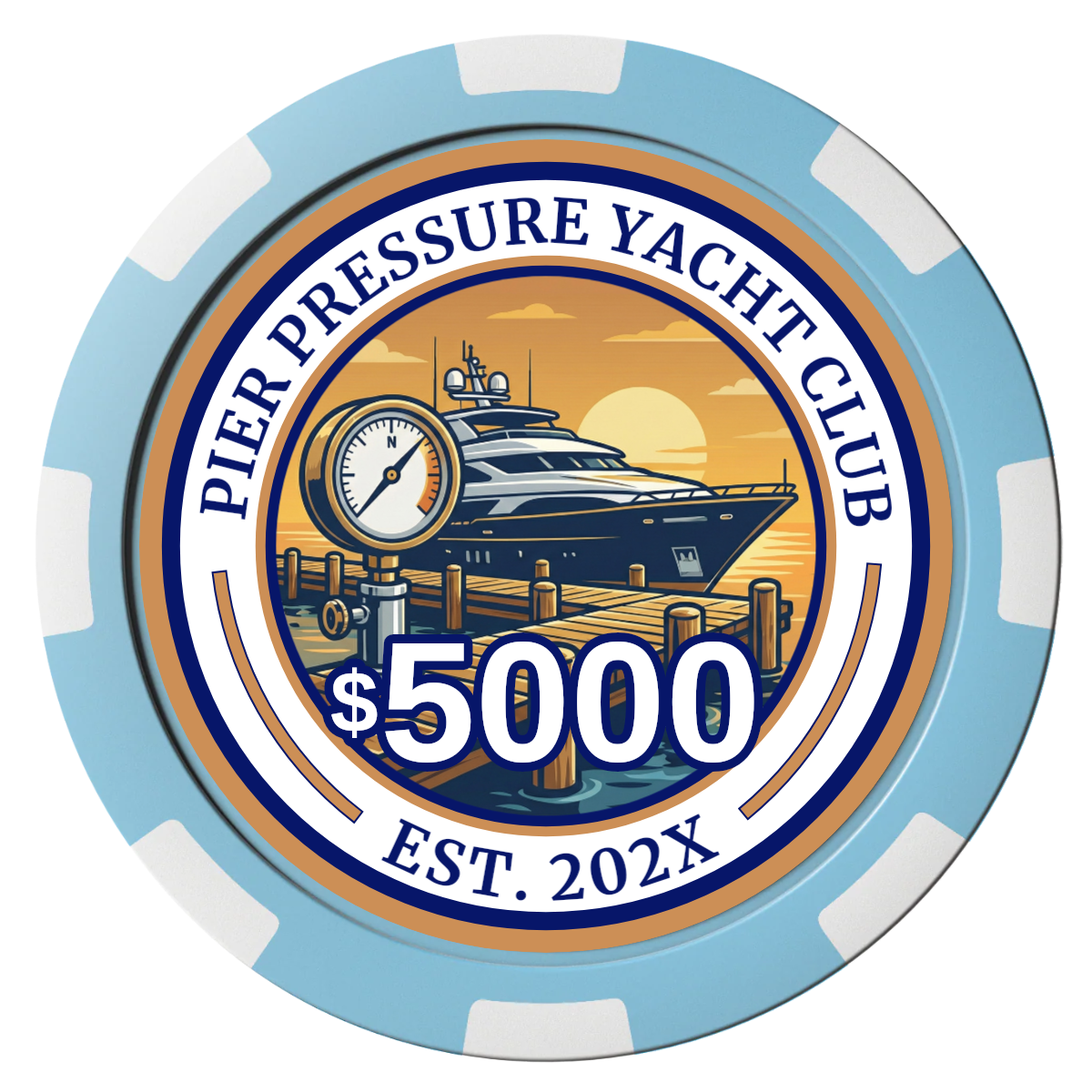 Anchor Down Card Room Composite Poker Chips - Light Blue / 8 Spot - Front