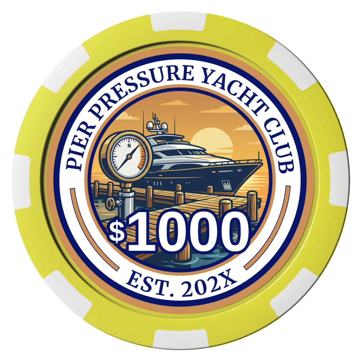 Anchor Down Card Room Composite Poker Chips - Yellow / 8 Stripe - Front