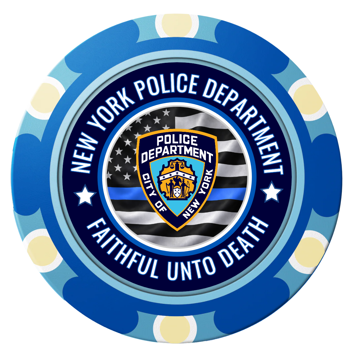 NYPD Safe and Fair Clay Poker Chips - Blue / Monte Carlo / 40mm - Front