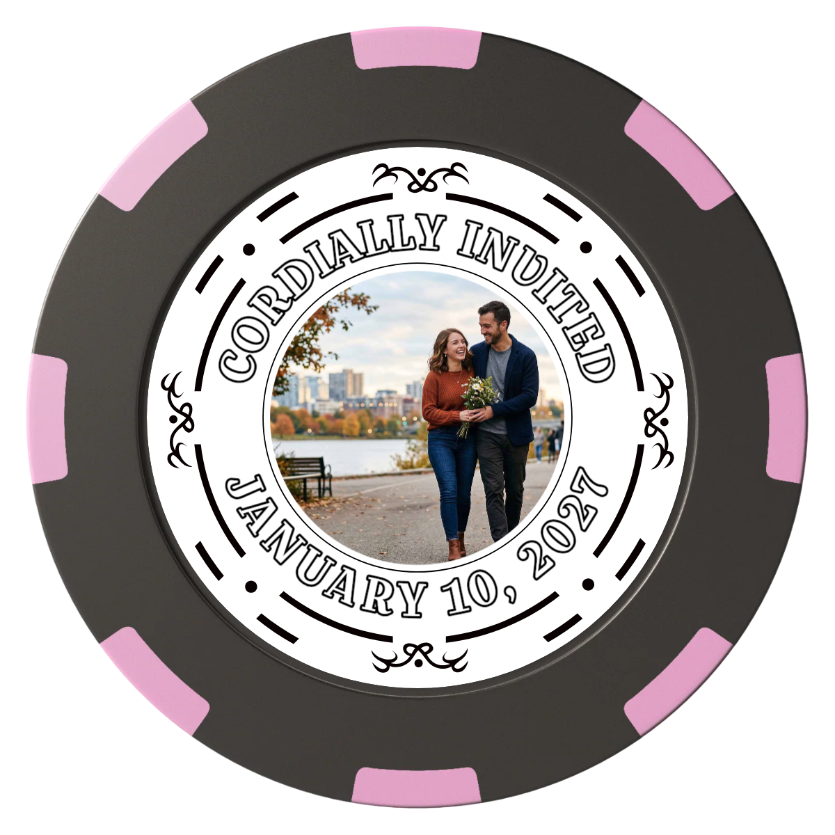 Save the Date Element Clay Poker Chips - Black / 8 Spot (2 Tone) / 40mm - Front