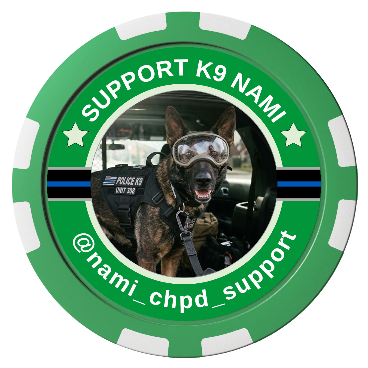 Police Department K9 #02 Composite Poker Chips - Green / 8 Stripe - Front