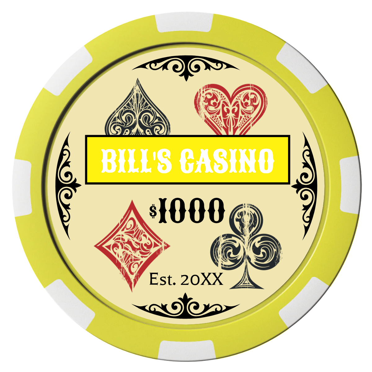 Vintage Four Suits Composite Poker Chips - Yellow / 8 Spot - Front