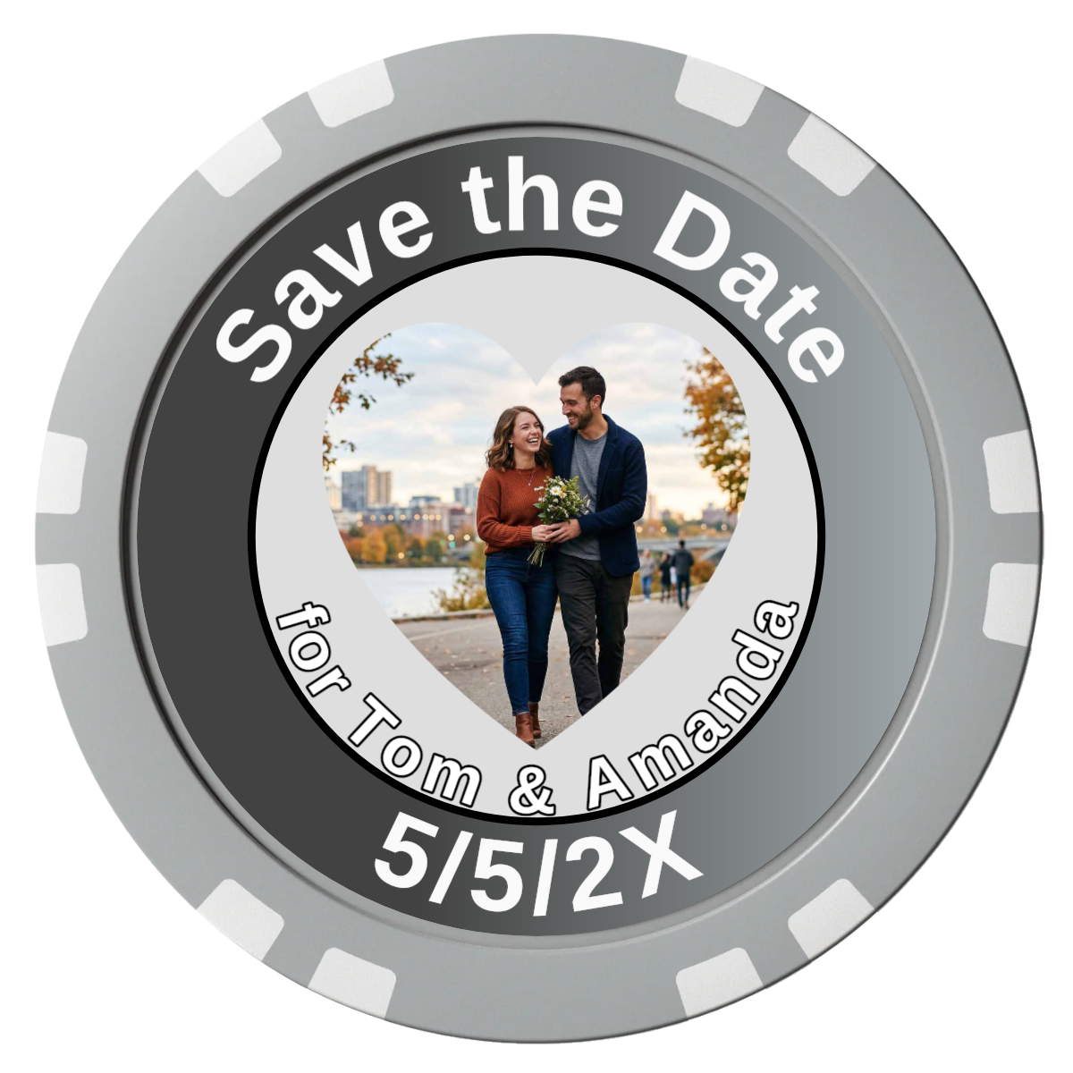 Save the Date #01 Composite Poker Chips - Gray / Double Stripe - Front