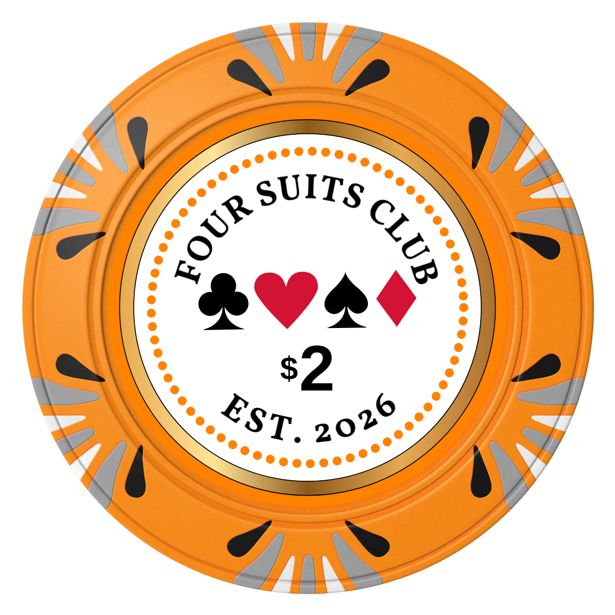 Fours Suits Club Clay Poker Chips - Orange / Macau / 40mm - Front