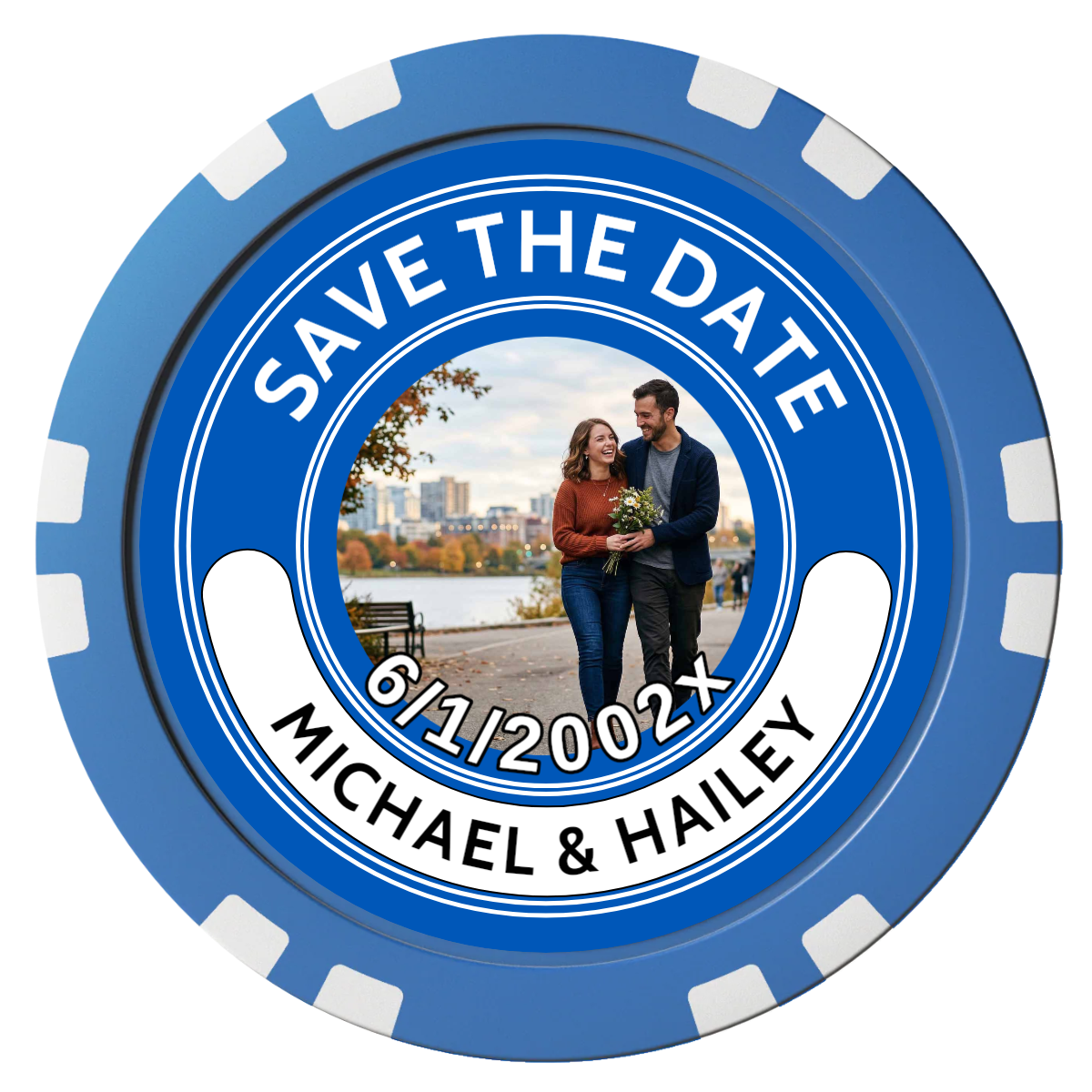 Save the Date Photo QR Code Composite Poker Chips - Blue / Double Stripe - Front