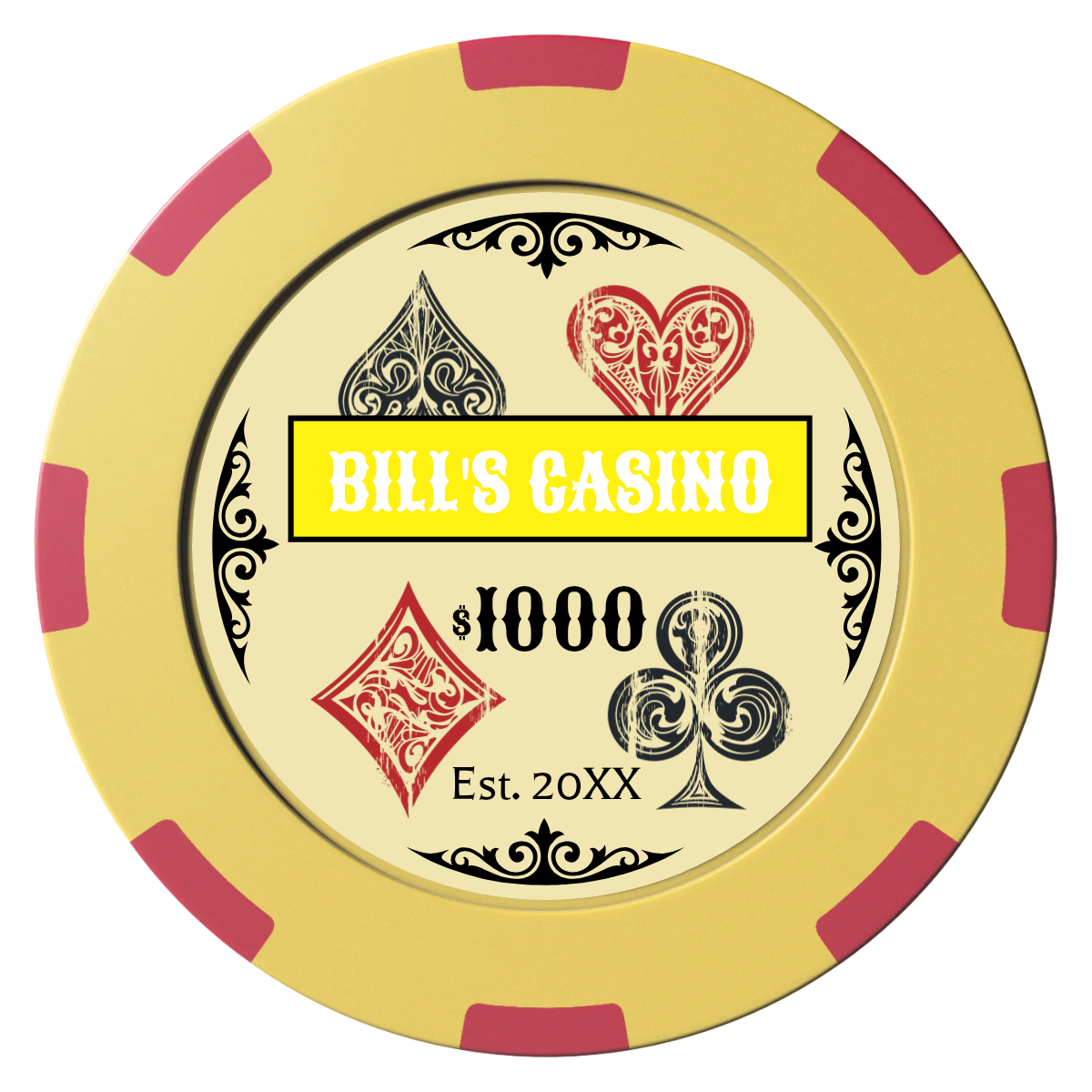 Vintage Four Suits Clay Poker Chips - Yellow / 8 Spot (2 Tone) / 40mm - Front