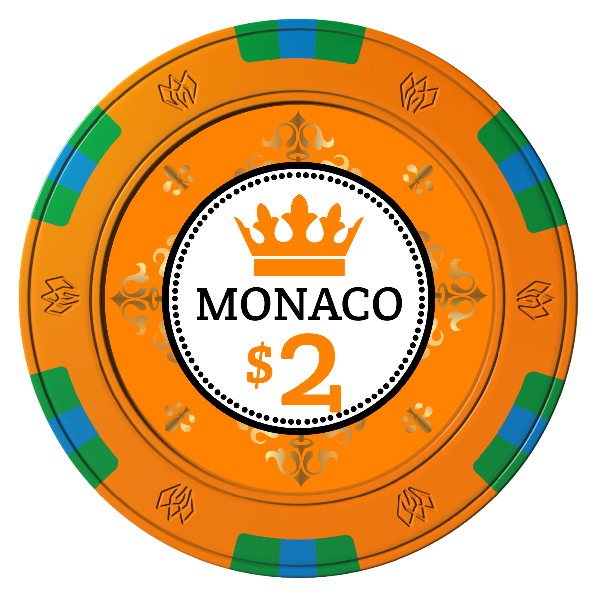 Monaco #001 Clay Poker Chips - Orange / 6 Spot Gem / 43mm - Front