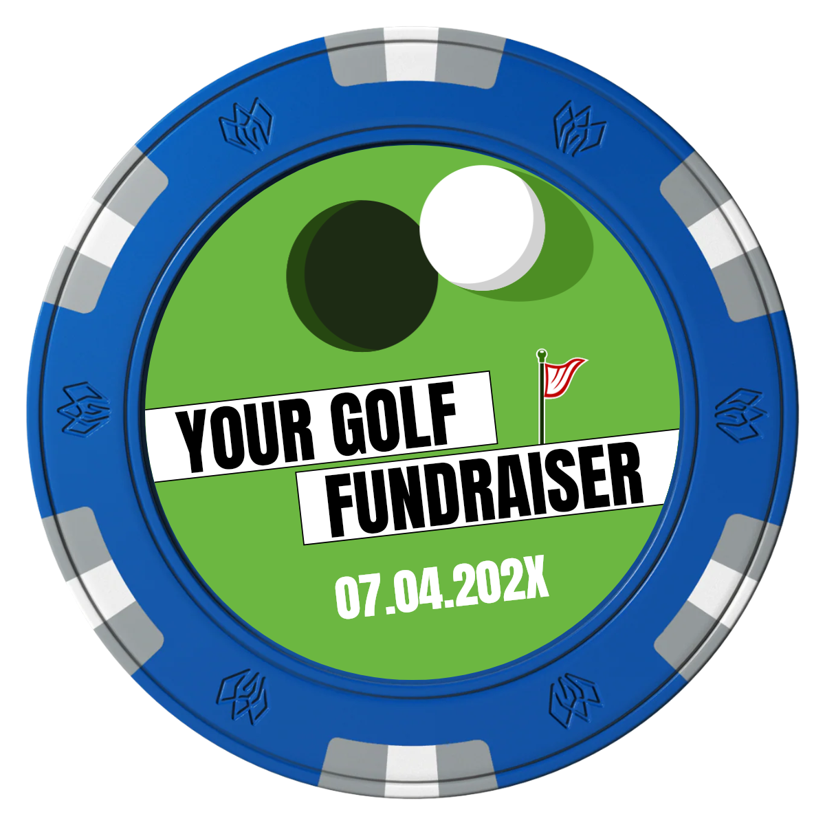 Putting Around Tournament Clay Poker Chips - Blue / 6 Spot Gem / 40mm - Front