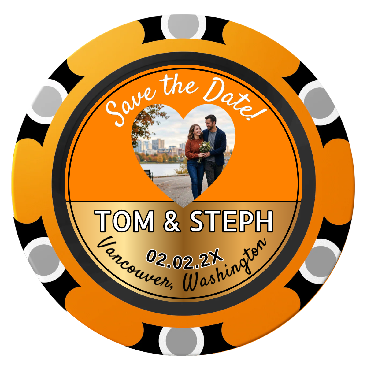 Save the Date Hearts Clay Poker Chips - Orange / Monte Carlo / 40mm - Front