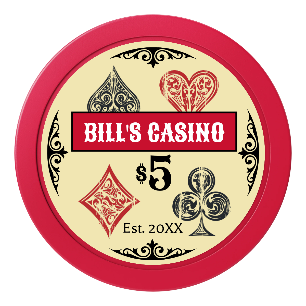 Vintage Four Suits 2" Oversized Poker Chips - Red - Front