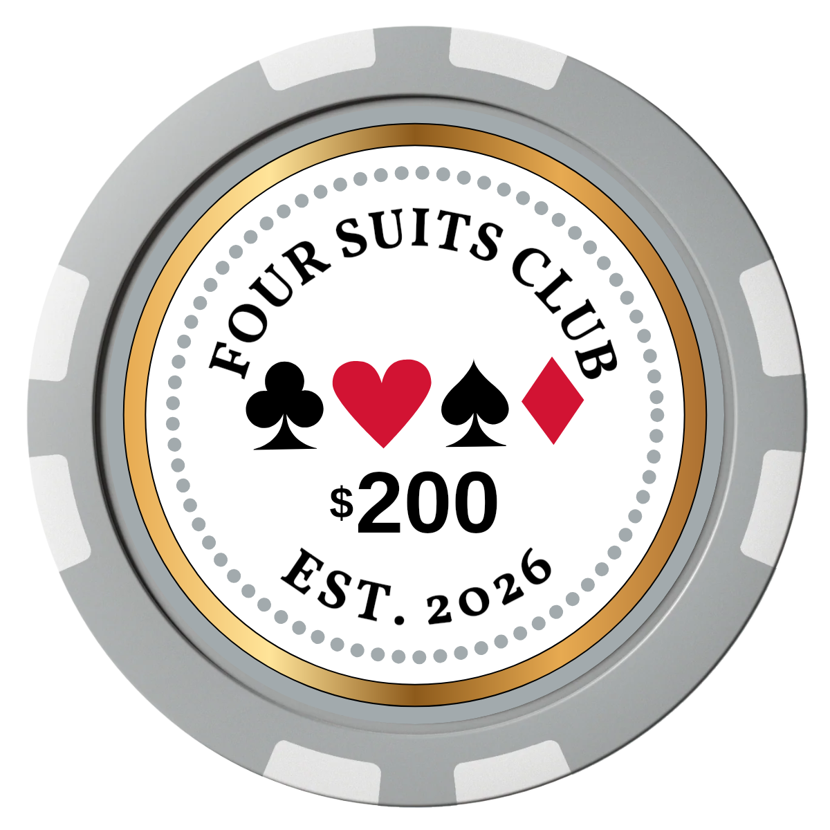 Fours Suits Club Composite Poker Chips - Gray / 8 Stripe - Front