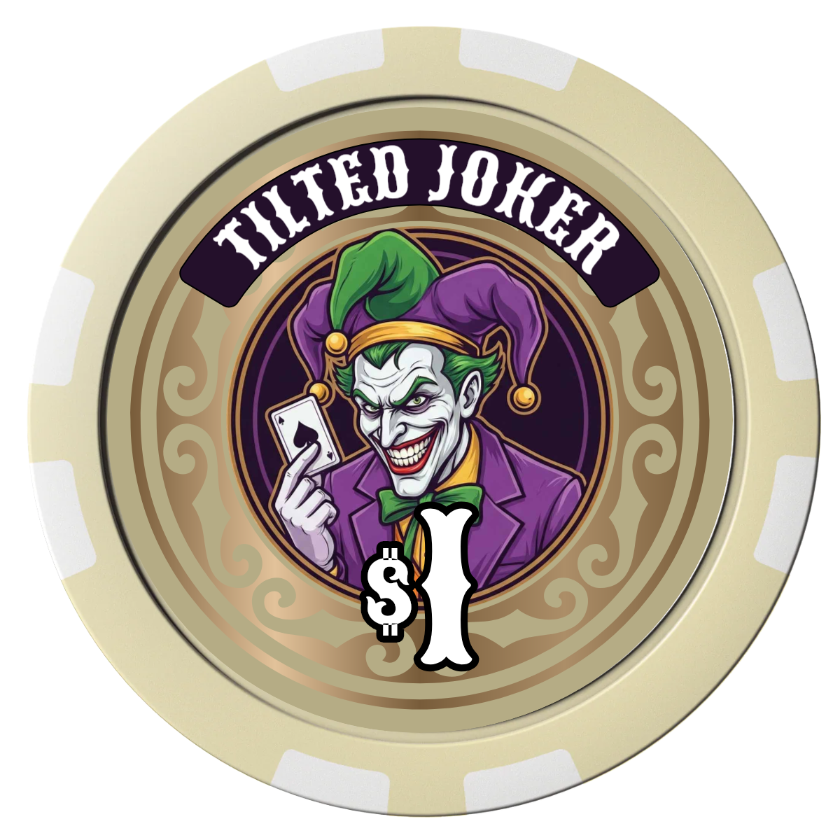 Tilted Joker Composite Poker Chips - Ivory / 8 Stripe - Front