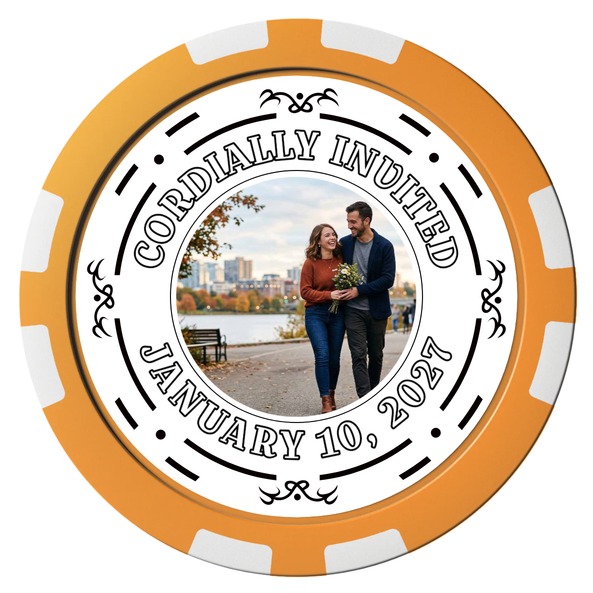 Save the Date Element Composite Poker Chips - Orange / 8 Stripe - Front