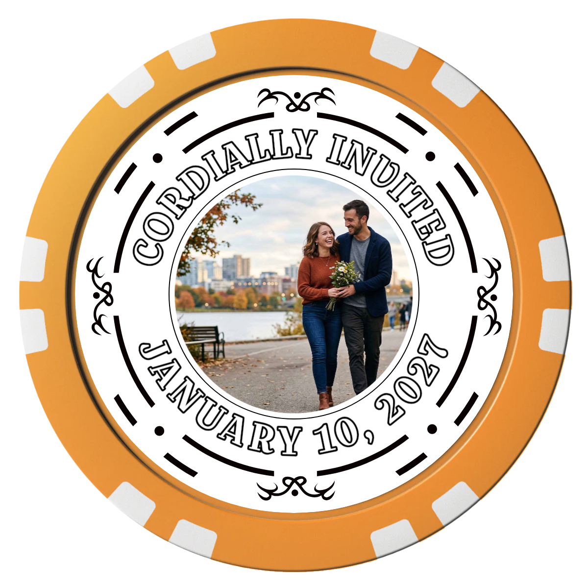 Save the Date Element Composite Poker Chips - Orange / Double Stripe - Front