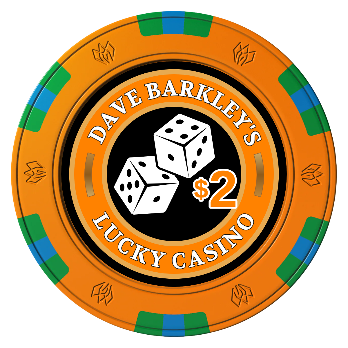 Dave's Lucky Casino Clay Poker Chips - Orange / 6 Spot Gem / 40mm - Front