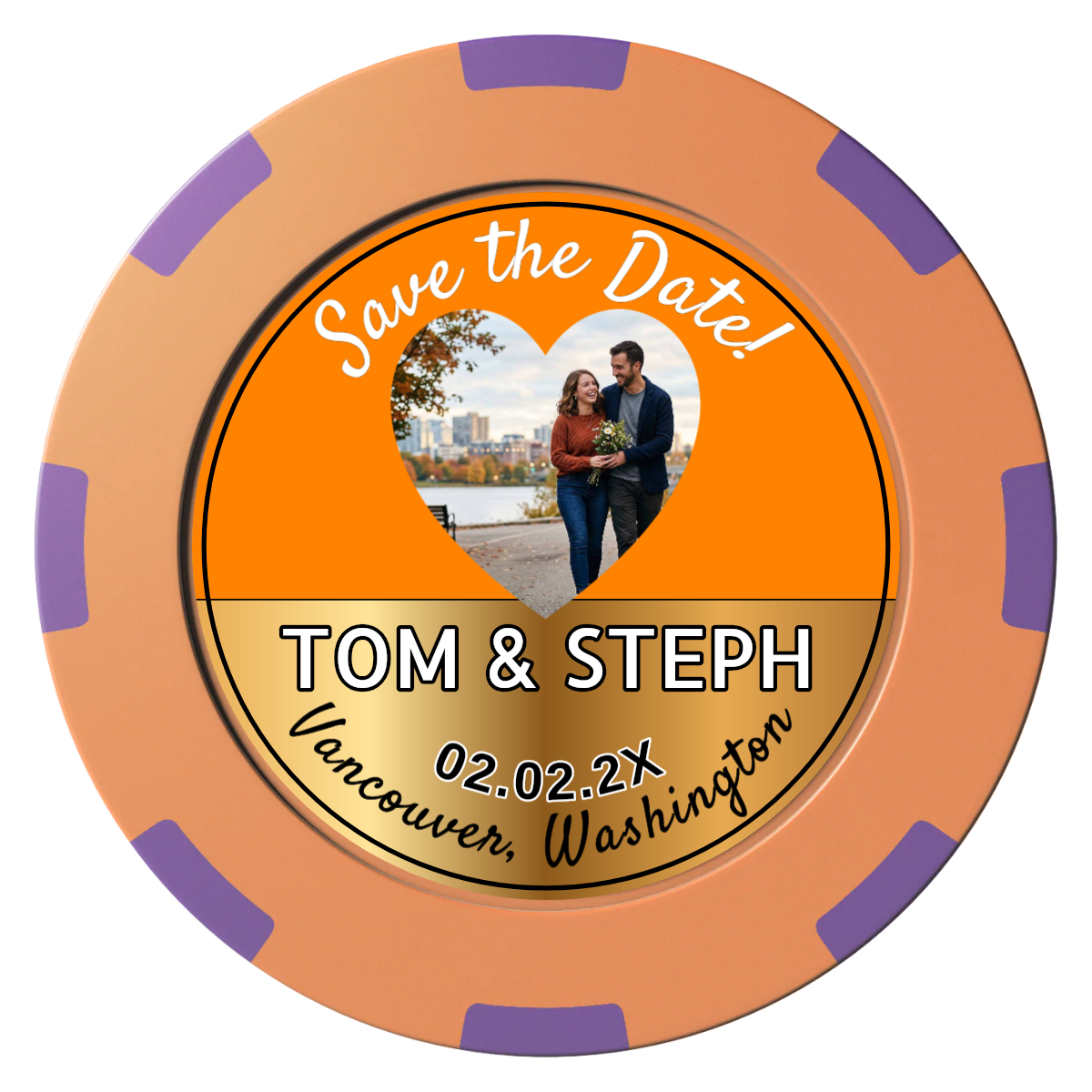 Save the Date Hearts Clay Poker Chips - Orange / 8 Spot (2 Tone) / 40mm - Front