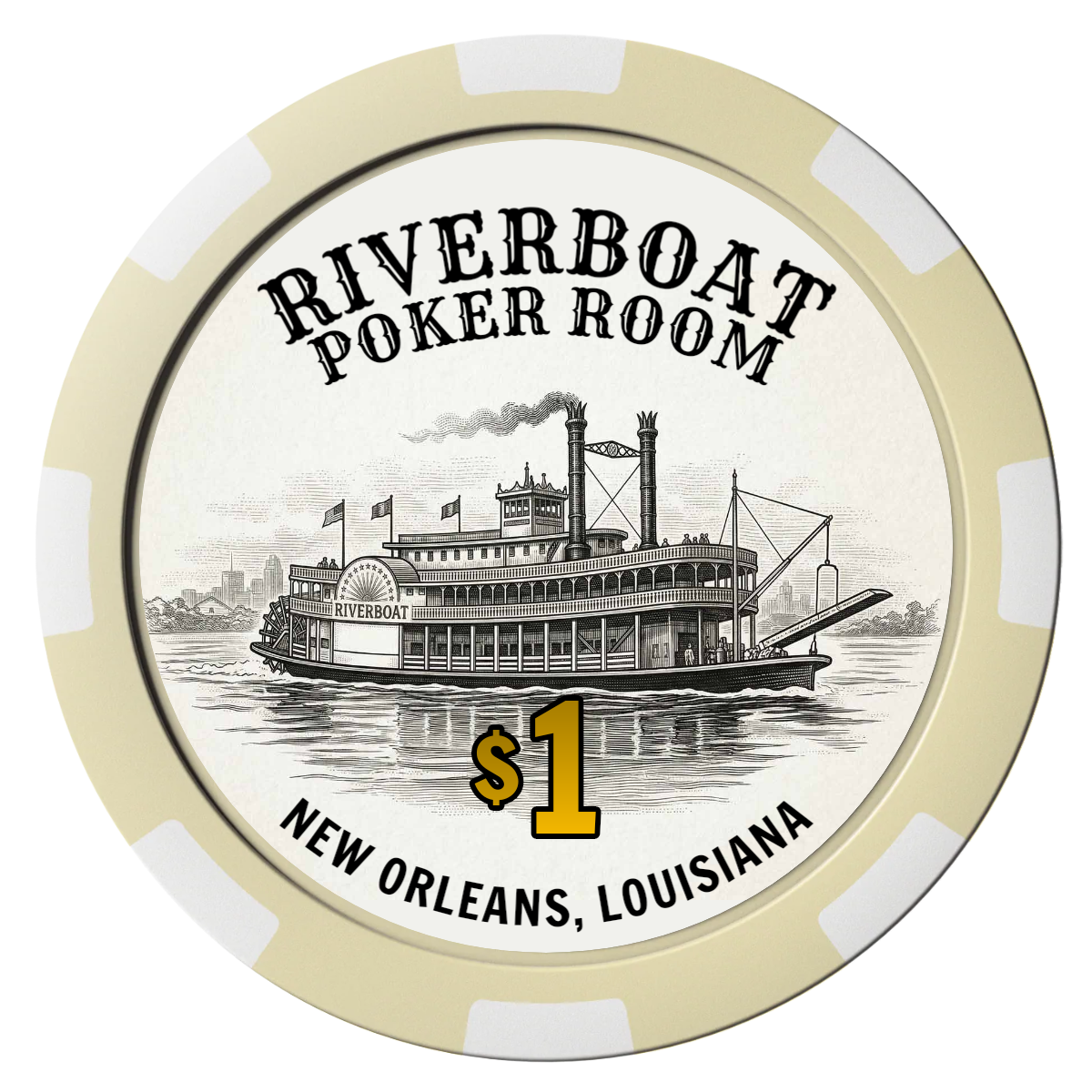Riverboat Poker Room Composite Poker Chips - Ivory / 8 Spot - Front