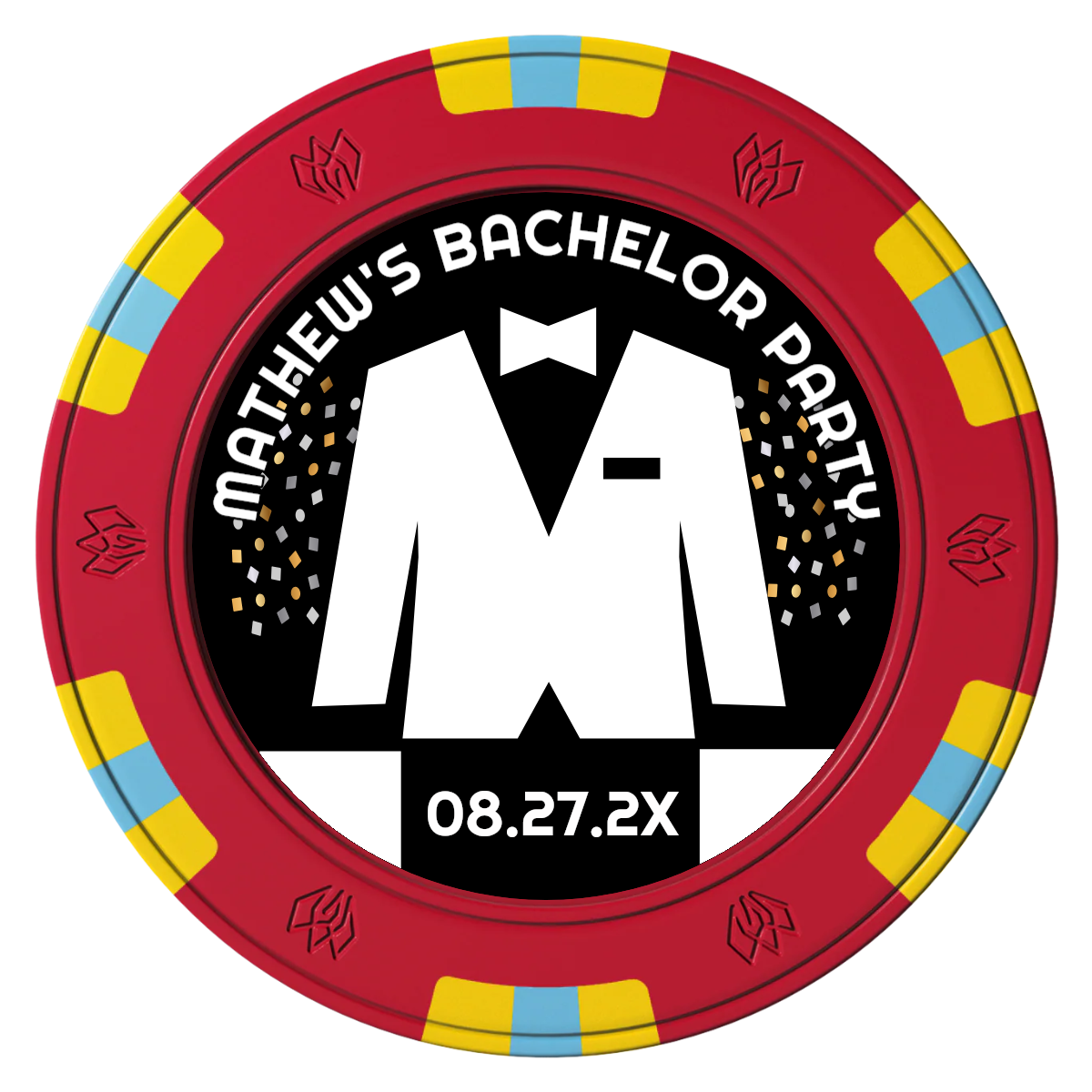 Bachelor No More Bowtie Clay Poker Chips - Red / 6 Spot Gem / 40mm - Front