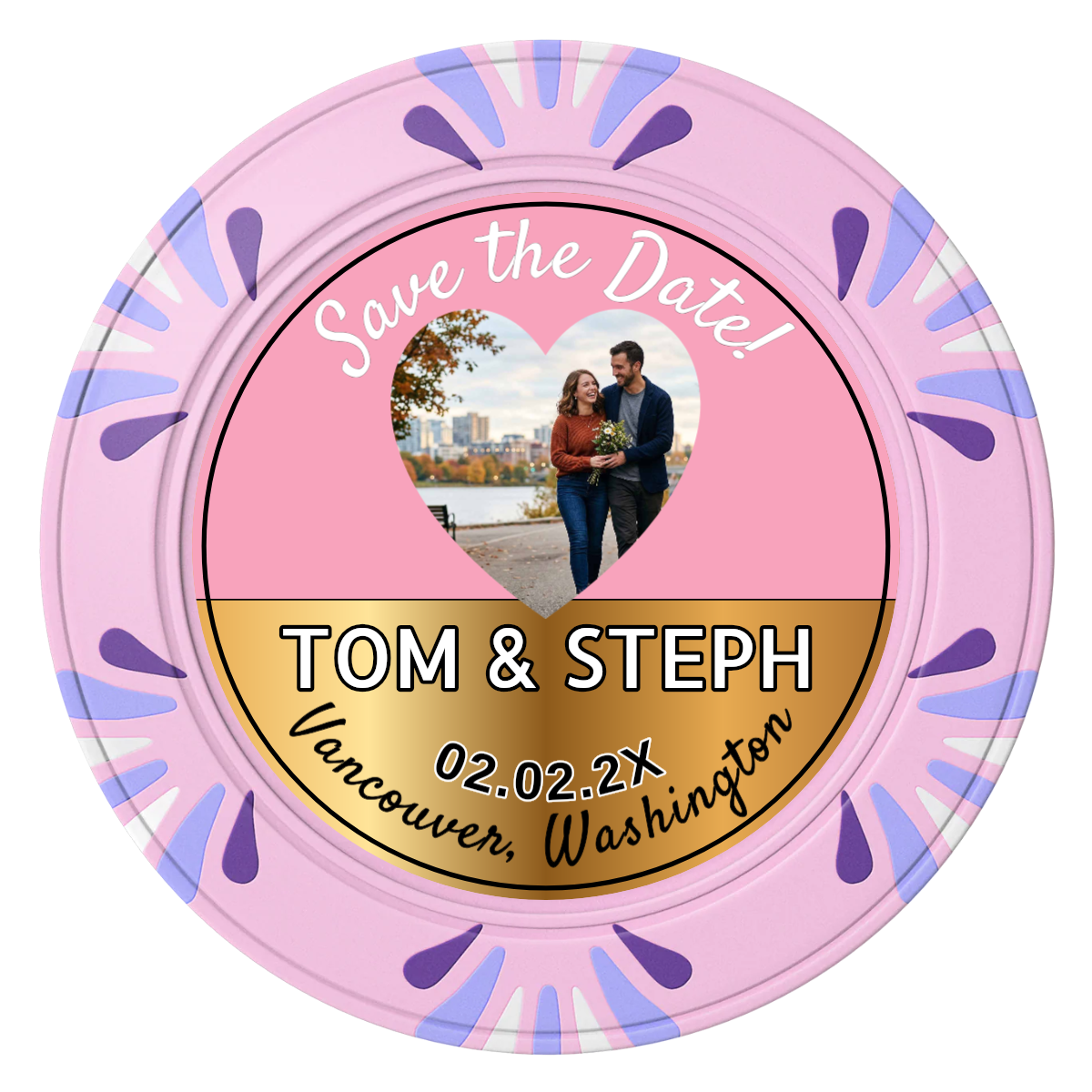 Save the Date Hearts Clay Poker Chips - Pink / Macau / 40mm - Front