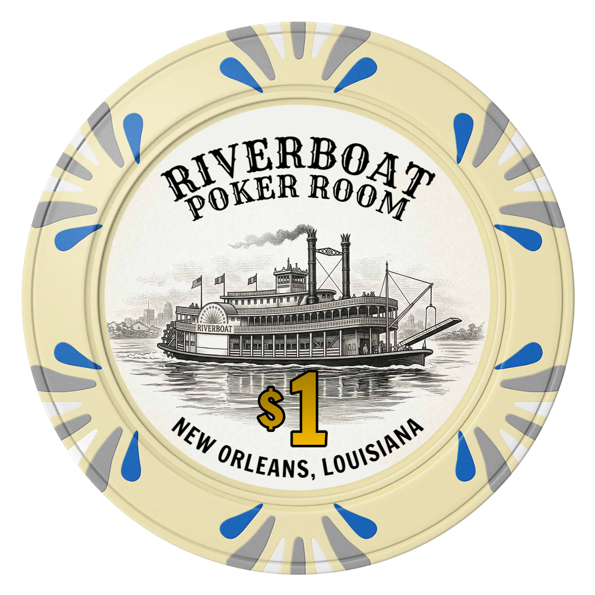 Riverboat Poker Room Clay Poker Chips - Ivory / Macau / 40mm - Front