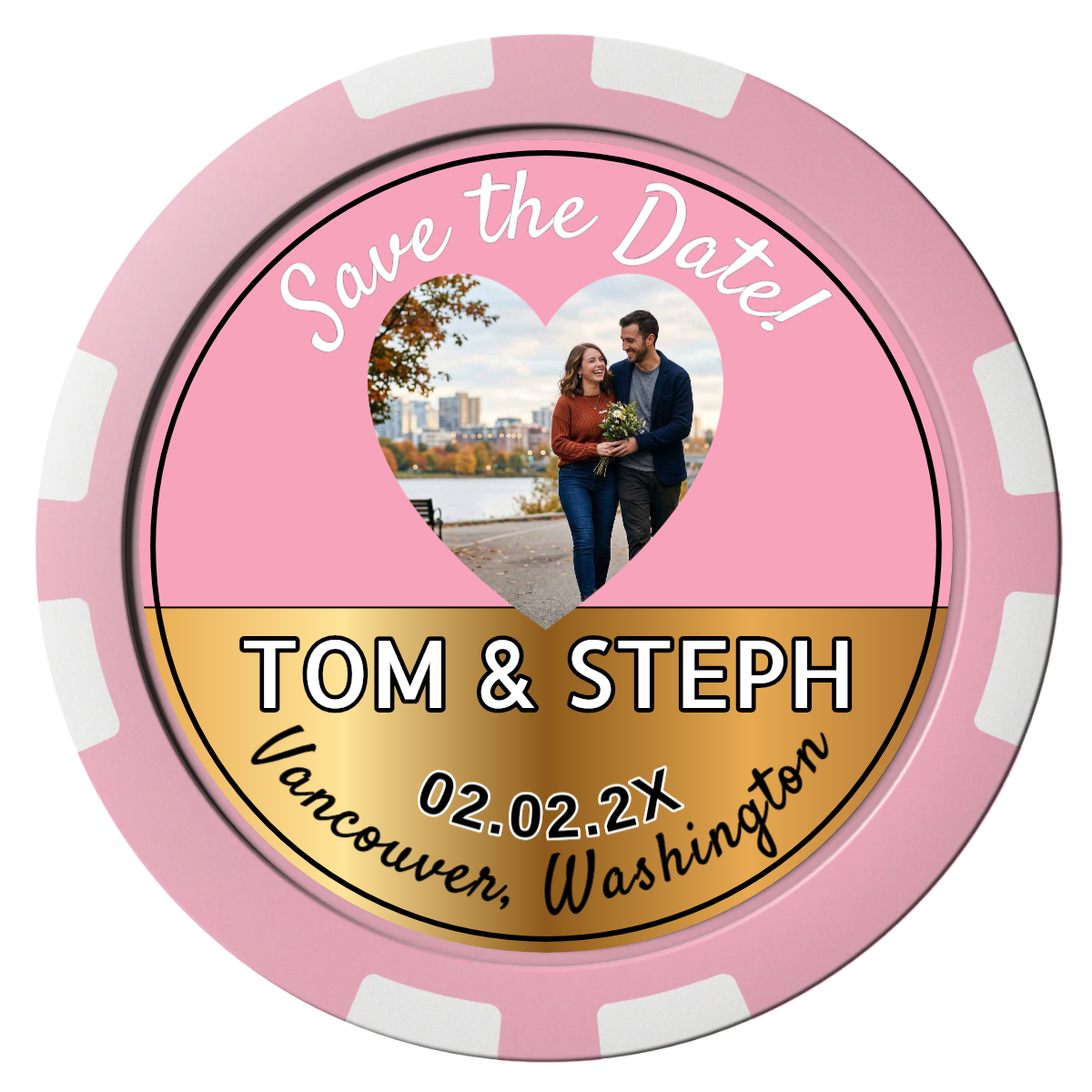 Save the Date Hearts Composite Poker Chips - Pink / 8 Stripe - Front
