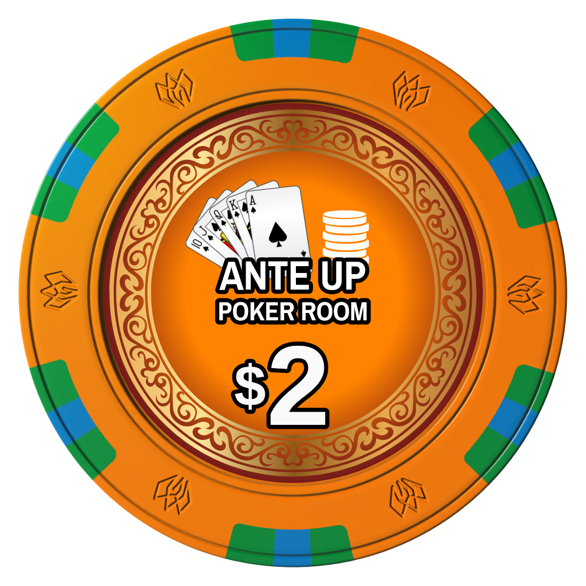 Ante Up Poker Room Clay Poker Chips - Orange / 6 Spot Gem / 43mm - Front