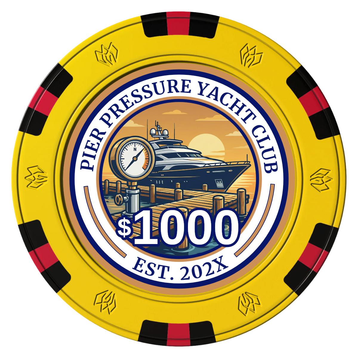 Anchor Down Card Room Clay Poker Chips - Yellow / 6 Spot Gem / 43mm - Front
