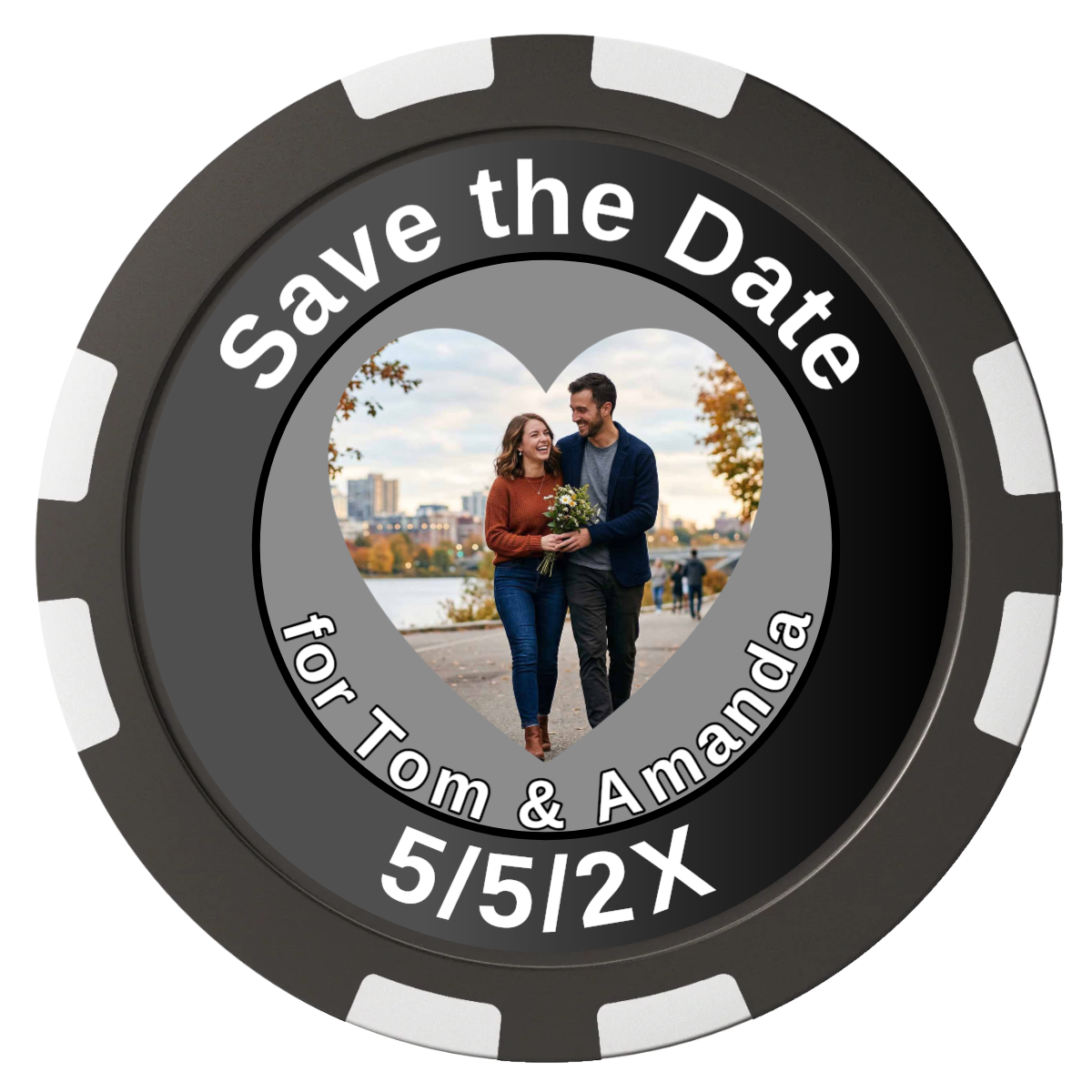 Save the Date #01 Composite Poker Chips - Black / 8 Stripe - Front