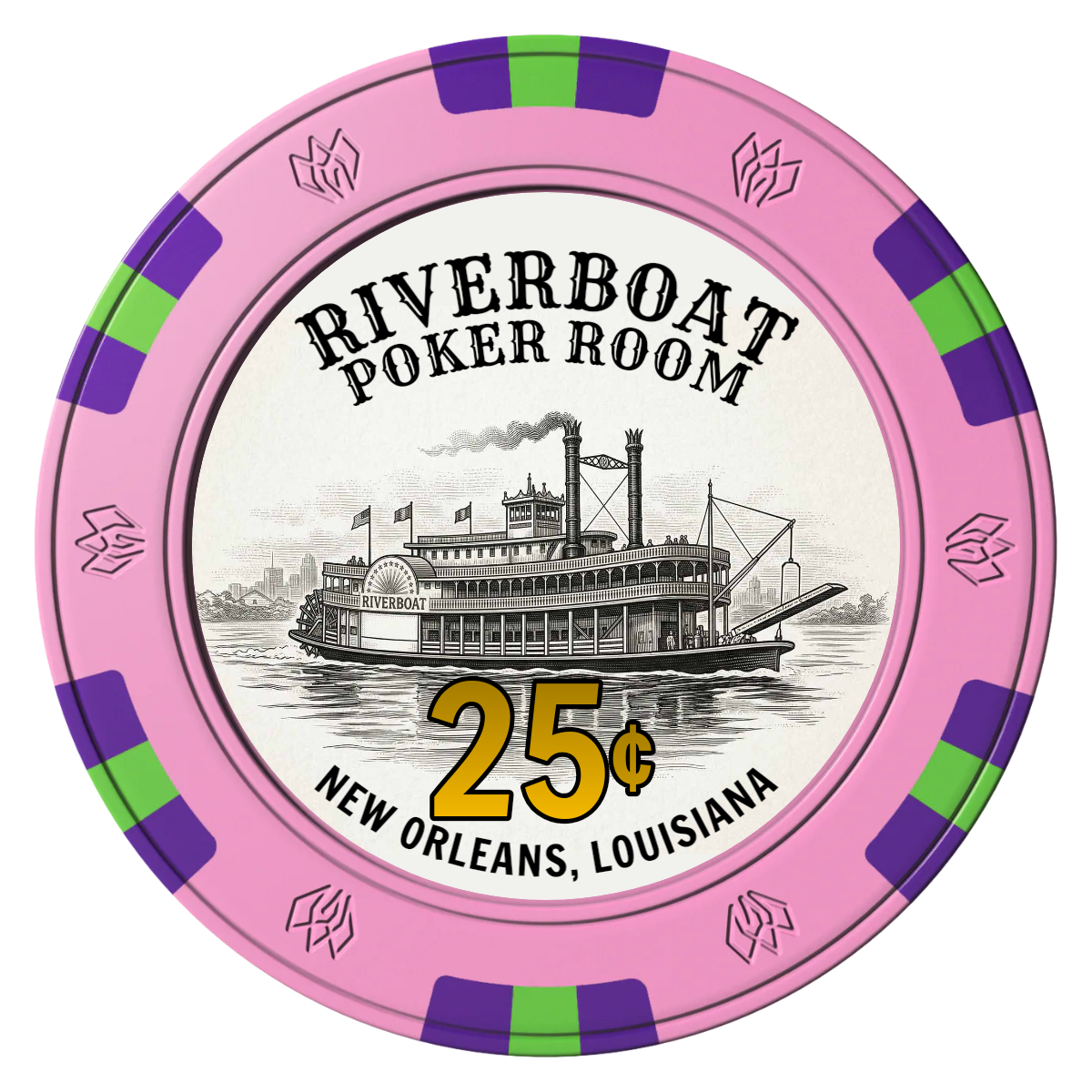 Riverboat Poker Room Clay Poker Chips - Pink / 6 Spot Gem / 40mm - Front