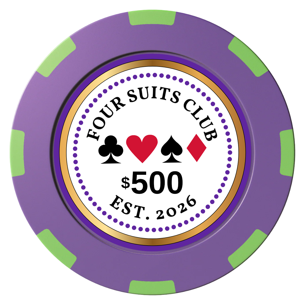 Fours Suits Club Clay Poker Chips - Purple / 8 Spot (2 Tone) / 40mm - Front