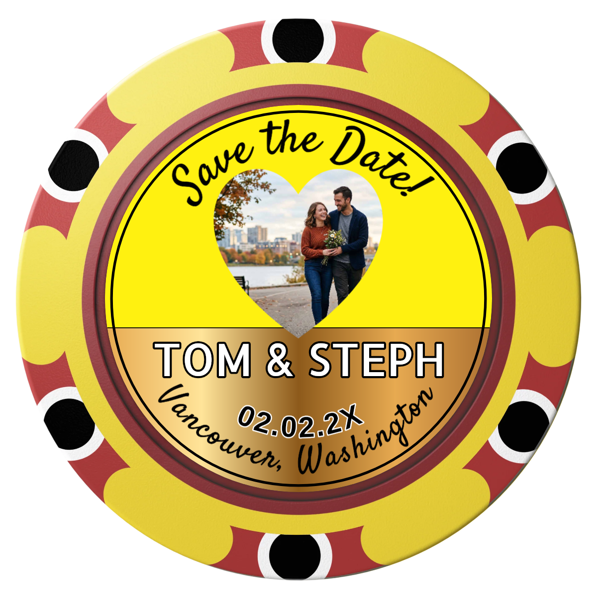 Save the Date Hearts Clay Poker Chips - Yellow / Monte Carlo / 40mm - Front
