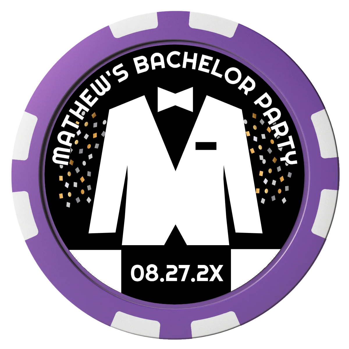 Bachelor No More Bowtie Composite Poker Chips - Purple / 8 Stripe - Front