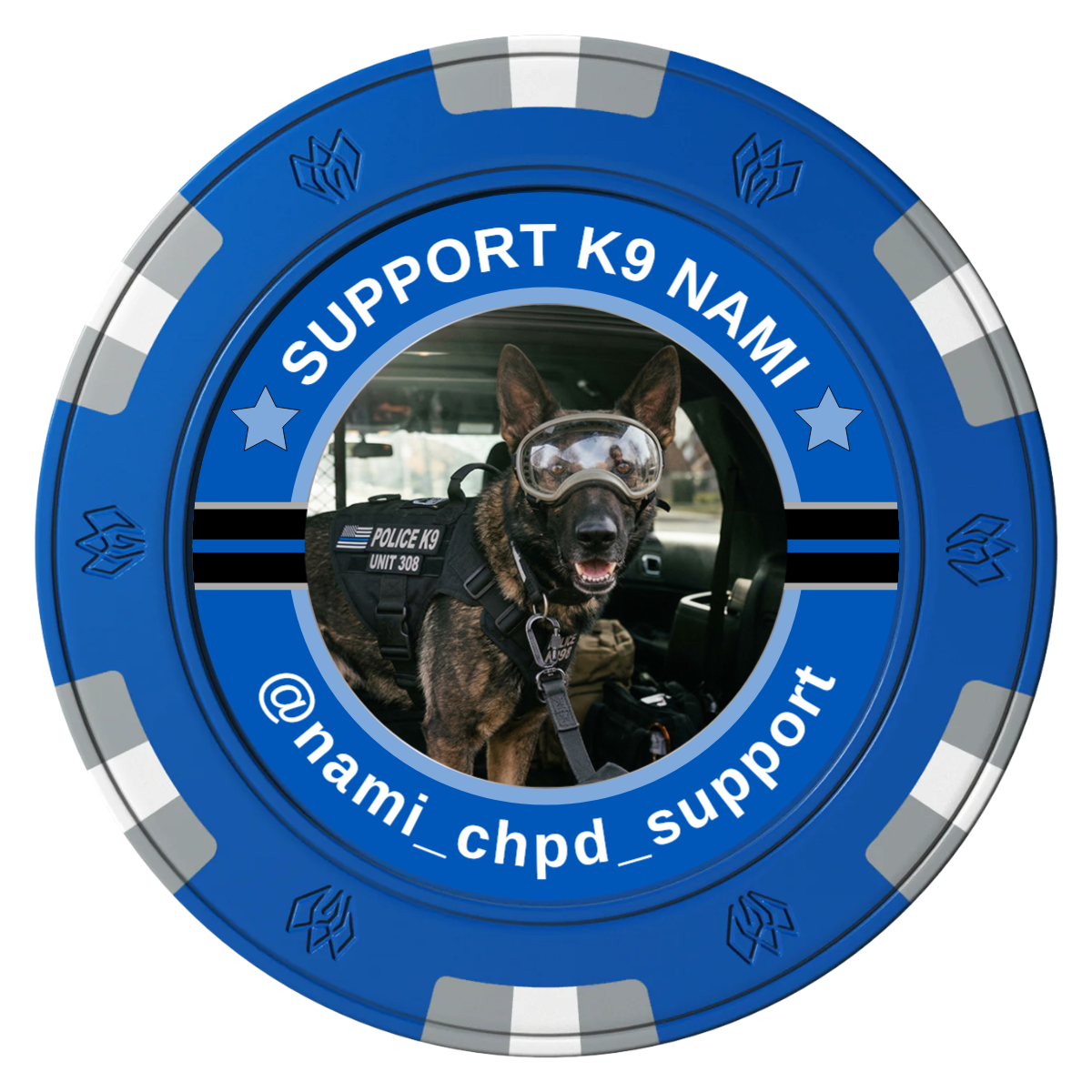 Police Department K9 #02 Clay Poker Chips - Blue / 6 Spot Gem / 43mm - Front