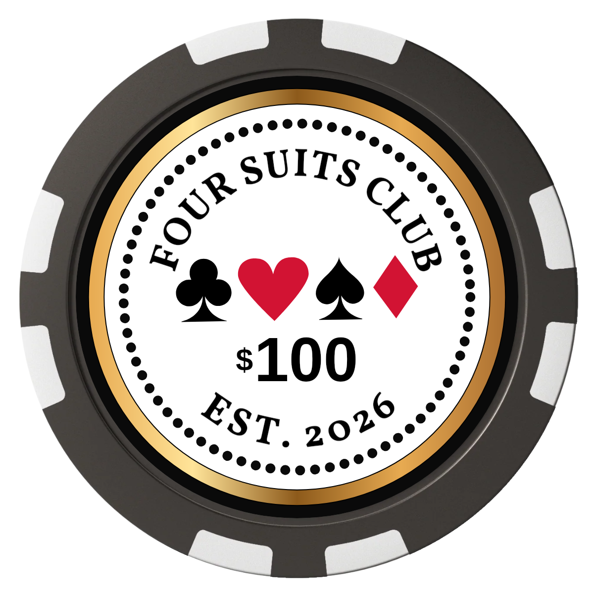 Fours Suits Club Composite Poker Chips - Black / 8 Stripe - Front