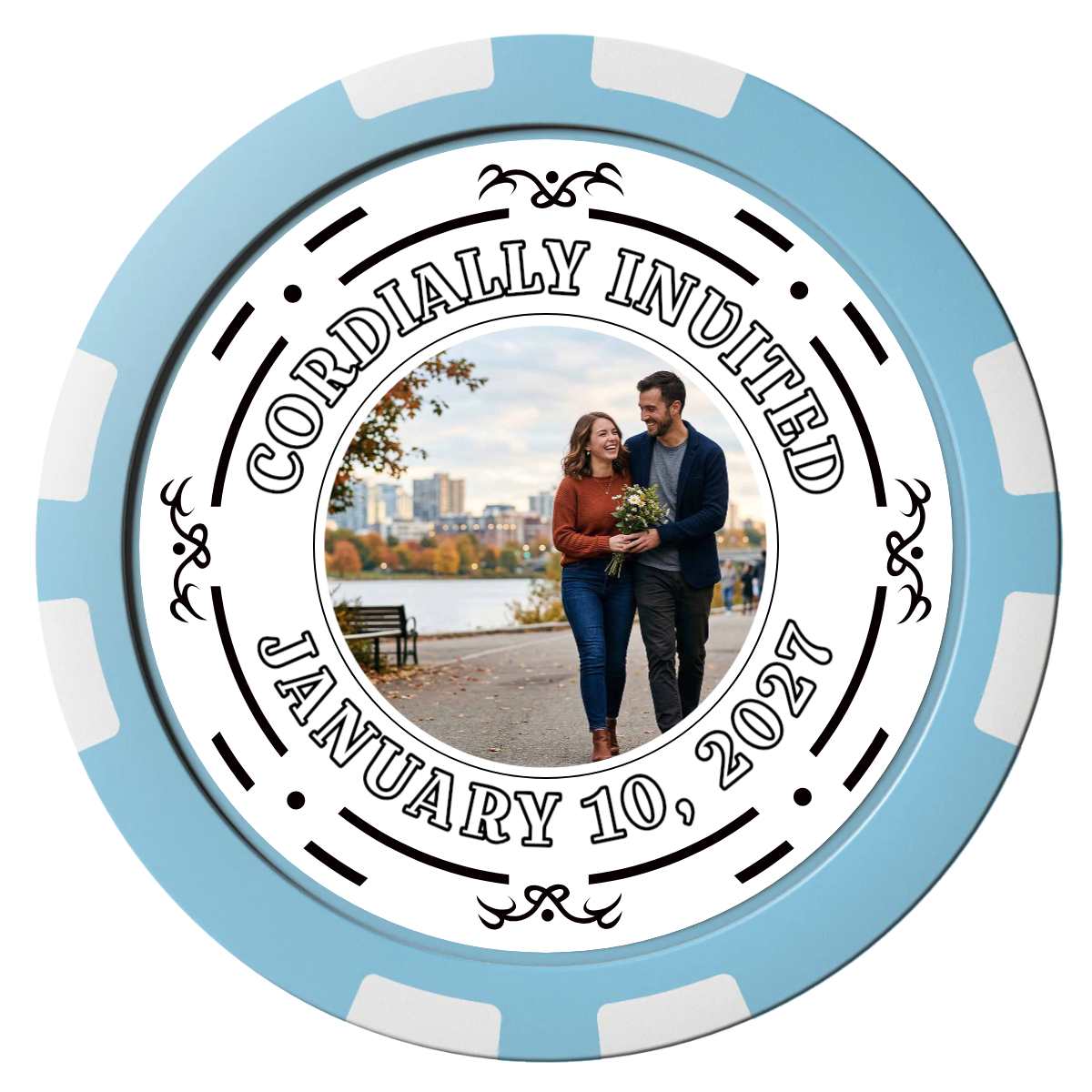 Save the Date Element Composite Poker Chips - Light Blue / 8 Stripe - Front