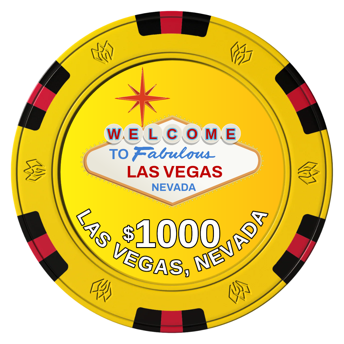Vegas Sign Clay Poker Chips - Yellow / 6 Spot Gem / 40mm - Front