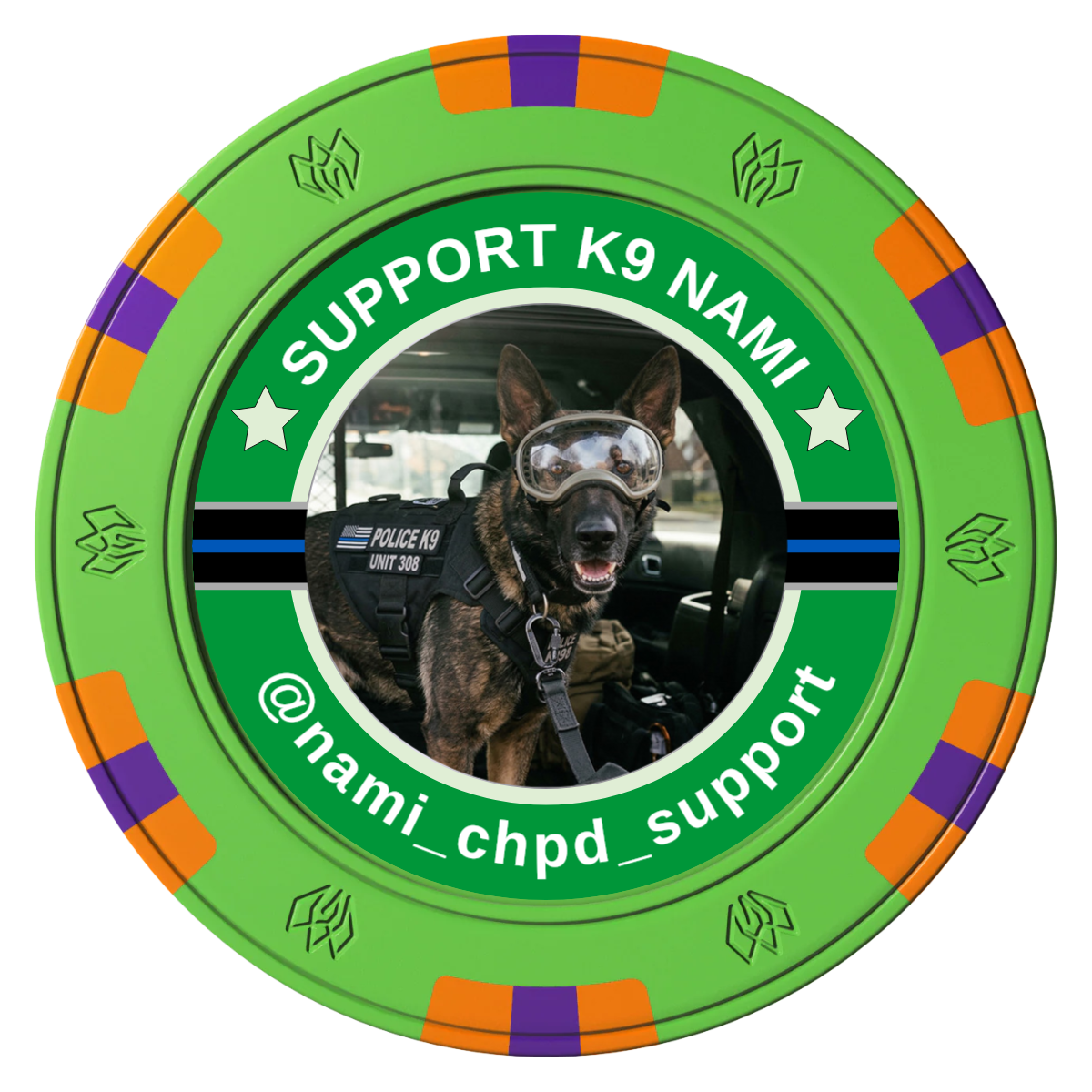 Police Department K9 #02 Clay Poker Chips - Green / 6 Spot Gem / 43mm - Front
