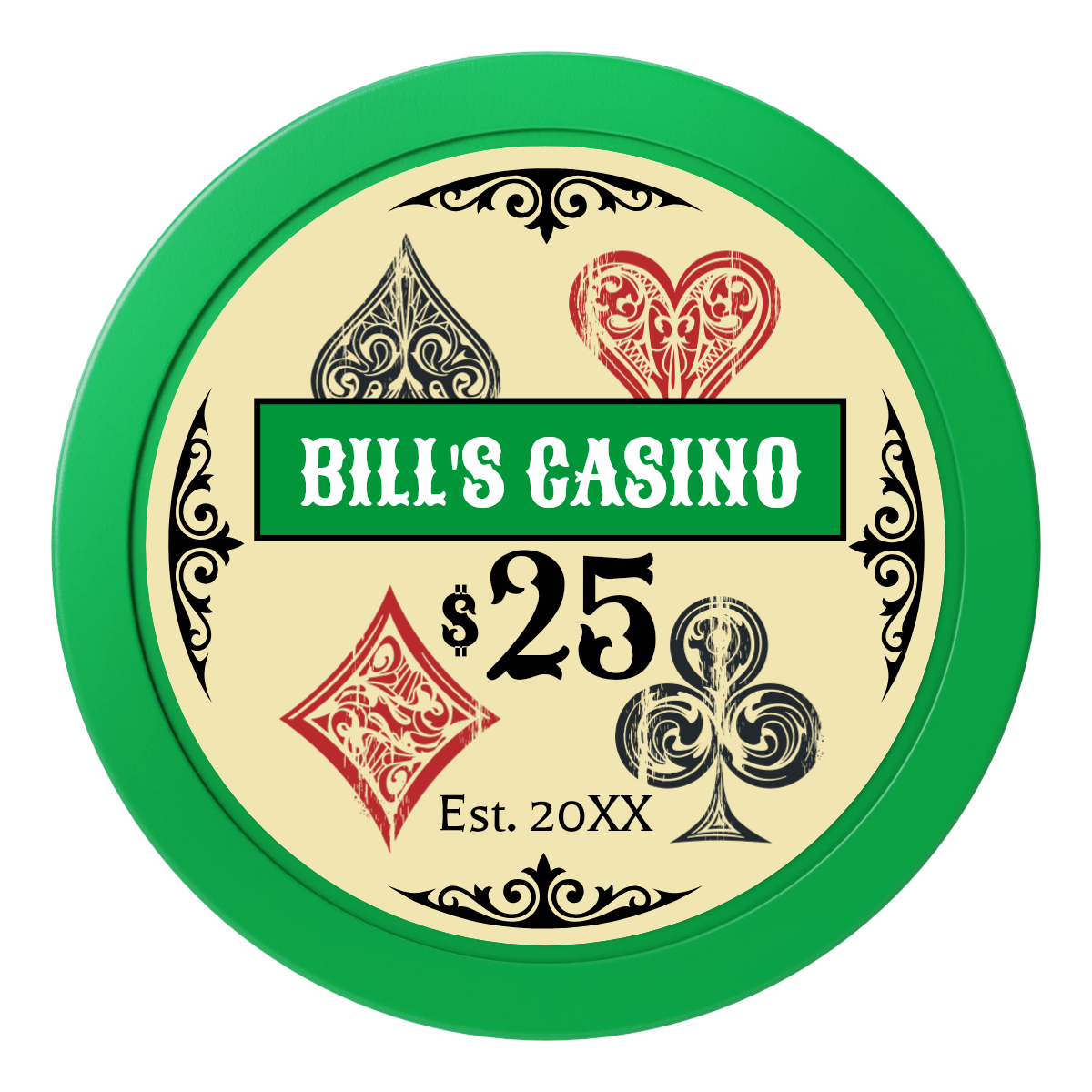 Vintage Four Suits 2" Oversized Poker Chips - Green - Front