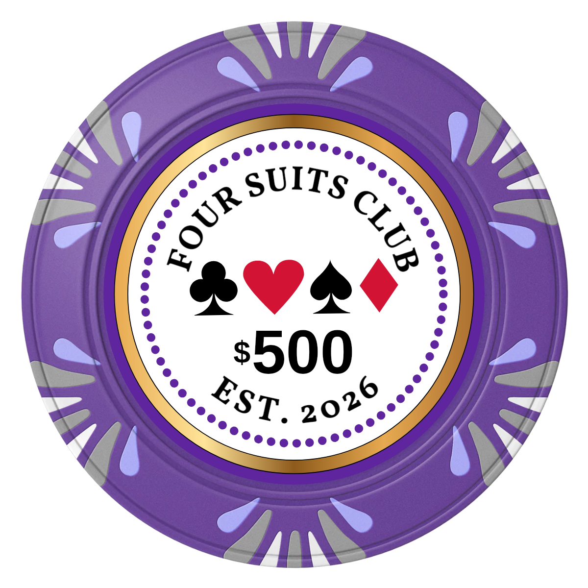 Fours Suits Club Clay Poker Chips - Purple / Macau / 40mm - Front