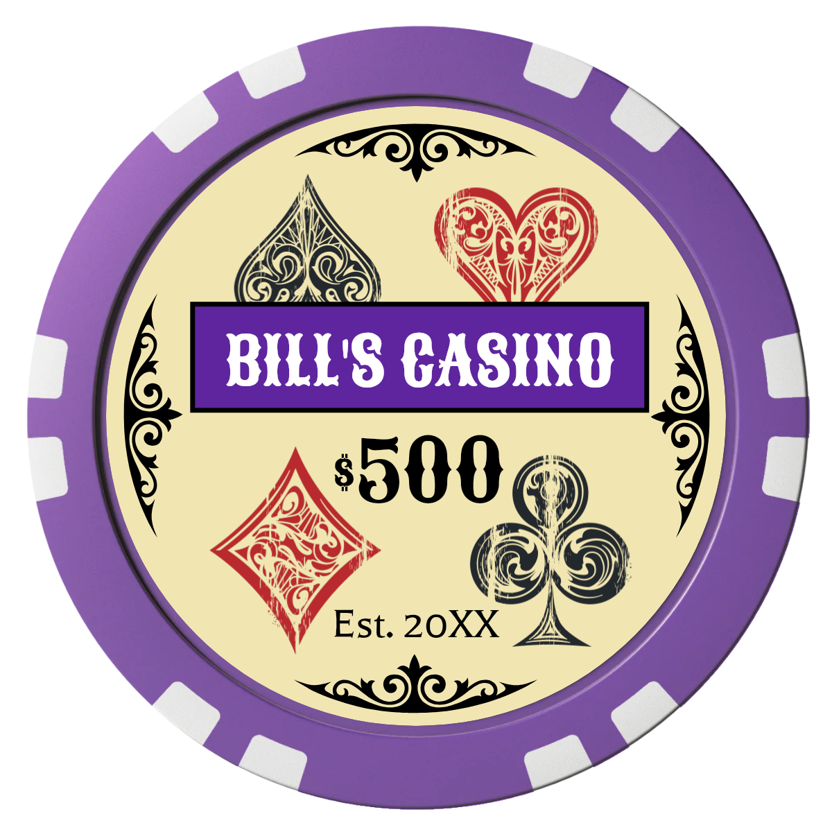 Vintage Four Suits Composite Poker Chips - Purple / Double Stripe - Front