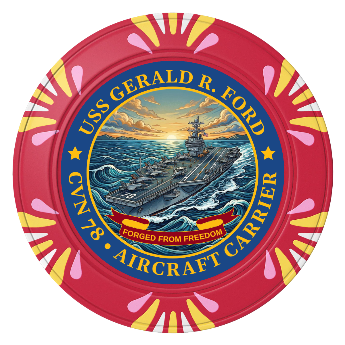 Navy USS Gerald Ford Clay Poker Chips - Red / Macau / 40mm - Front