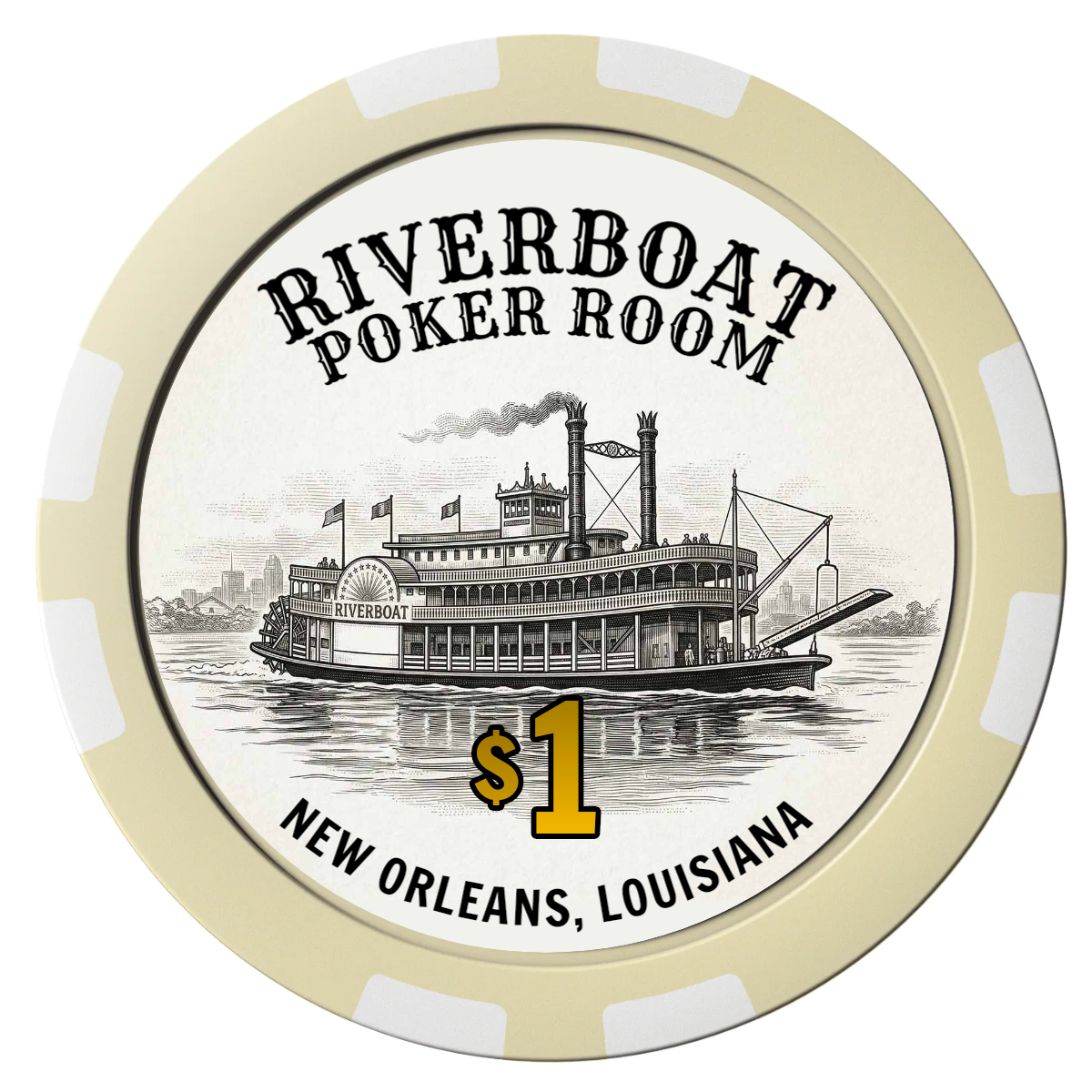 Riverboat Poker Room Composite Poker Chips - Ivory / 8 Stripe - Front