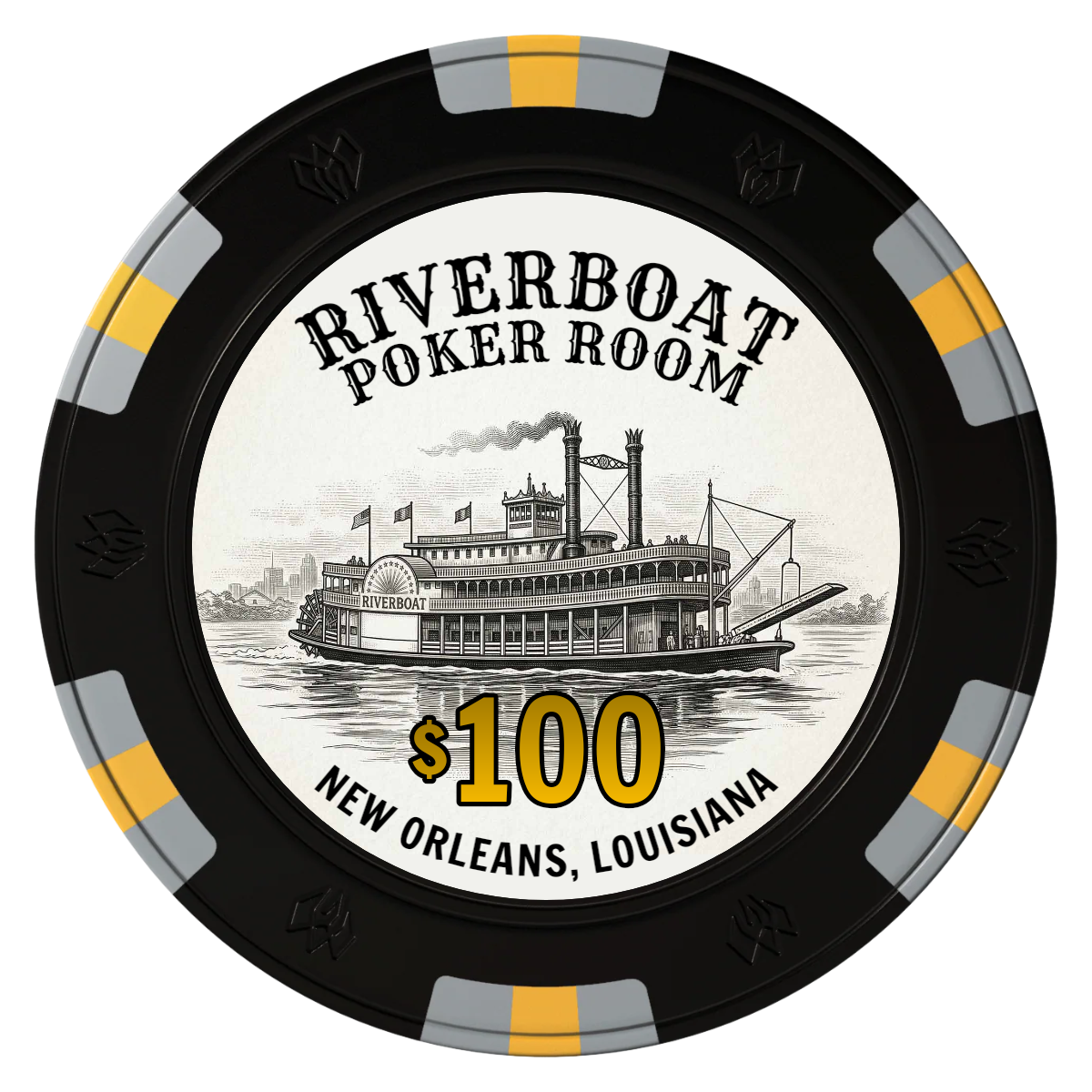 Riverboat Poker Room Clay Poker Chips - Black / 6 Spot Gem / 40mm - Front